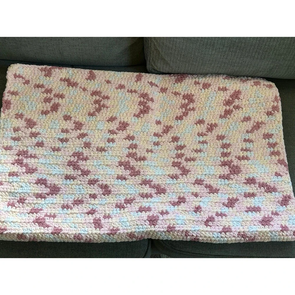 Handmade Bernat Chunky Chenille Yarn Tight Crochet Multicolor Baby Girl Blanket